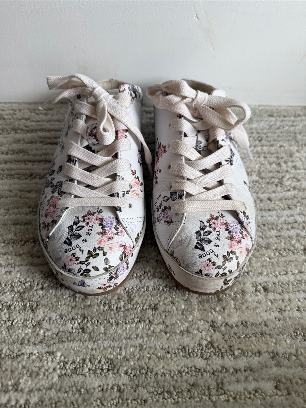 rag & bone White Floral Low-Profile Lace-Up Sneakers with Pink Accents